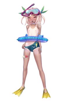 aroused blonde_hair blush breasts brown_hair choker diving_mask flat_chest flippers float floaty goggles hair_ornament highres homura_yuni lilith-soft looking_at_viewer minakami_chika nervous nipples official_art one-piece_swimsuit petite short_hair small_breasts sweat swimsuit taimanin_(series) taimanin_rpgx tan tanline tongue tongue_out white_background