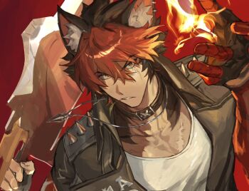 1boy animal_ear_fluff animal_ears bandaged_arm bandages black_gloves black_hair black_jacket body_fur clenched_teeth collar collarbone dog_boy dog_ears ear_piercing fingerless_gloves fire gloves hair_between_eyes hashibiro_kou_(garapiko_p) highres holding holding_sword holding_weapon jacket jewelry komano_manato leaf_in_mouth looking_at_viewer male_focus multicolored_hair multiple_scars muscular muscular_male necklace over_shoulder parted_lips pectorals piercing red_background red_bandage red_hair scar scar_across_eye scar_on_chest scar_on_face shirt short_hair solo spiked_jacket sword teeth upper_body v-shaped_eyebrows weapon weapon_over_shoulder white_shirt zenless_zone_zero