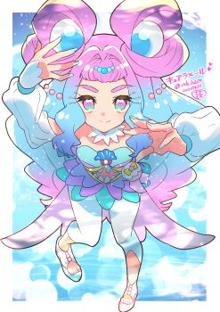 1girl absurdres aqua_eyes aqua_hair aqua_nails arm_up breasts closed_mouth commentary_request cure_la_mer detached_collar gradient_eyes gradient_hair highres jewelry laura_la_mer layered_skirt long_hair long_sleeves looking_at_viewer magical_girl medium_breasts midriff multicolored_eyes multicolored_hair nail_polish ooha_maiko pearl_hair_ornament pink_eyes pink_hair precure skirt smile solo toenail_polish toenails tropical-rouge!_precure very_long_hair