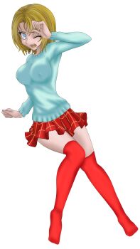 bible_black bible_black_gaiden blonde_hair blue_eyes duel_links highres kitami_reika lose one_eye_closed pale_skin red_skirt red_socks skirt socks sweater