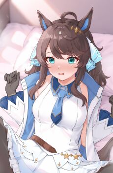 1girl ahoge animal_ears bed belt black_hair blue_eyes blush commentary_request daring_tact_(umamusume) gloves hair_ornament highres horse_ears horse_girl looking_at_viewer necktie outstretched_arms pillow solo spread_arms star_(symbol) star_hair_ornament umamusume vividrabbit