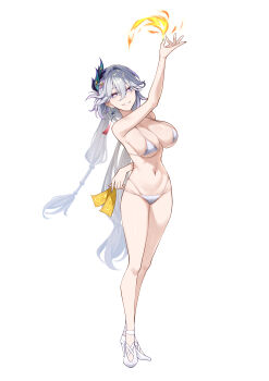 1girl absurdres bikini blue_eyes breasts commentary fire full_body high_heels highres holding holding_ticket honkai:_star_rail honkai_(series) large_breasts limelam06 long_hair looking_at_viewer navel peacock_feathers_hair_ornament simple_background smile solo stomach swimsuit ticket very_long_hair white_background white_bikini white_hair yao_guang_(honkai:_star_rail)