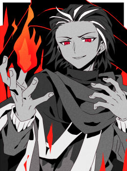 1boy black_hair coat commentary earrings fire higanbana_no_saku_yoru_ni izanami_(higanbana) jewelry magic multicolored_hair partially_colored red_eyes scarf shirt short_hair smile solo symbol-only_commentary two-tone_hair umibenokurage white_hair
