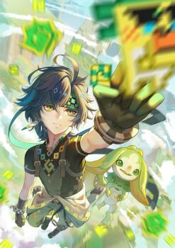 1boy absurdres ajaw_(genshin_impact) arm_up black_gloves black_hair black_shirt bracelet chinese_commentary closed_mouth clothes_around_waist commentary_request diamond-shaped_pupils diamond_(shape) earrings full_body genshin_impact gloves green_eyes green_hair green_headband green_pants hair_between_eyes headband highres jewelry kinich_(genshin_impact) male_focus mo_le_ge_yi motion_blur multicolored_eyes multicolored_hair neck_tattoo pants shirt short_hair short_sleeves streaked_hair symbol-shaped_pupils tattoo two-tone_eyes variant_set yellow_eyes yumkasaurus_(genshin_impact) zipper zipper_pull_tab