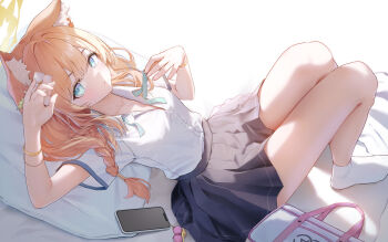 1girl absurdres animal_ear_fluff animal_ears bag black_skirt blue_archive bracelet braid bright_background cat_ears cellphone chiu538 dot_nose flower full_body gold_bracelet green_eyes green_ribbon hair_between_eyes hair_flower hair_ornament highres iphone jewelry knees_up looking_at_viewer lying mari_(blue_archive) medium_hair on_bed orange_hair partially_unbuttoned phone pillow pleated_skirt ribbon shirt short_sleeves shoulder_bag single_braid skirt smartphone socks solo thighs white_flower white_shirt white_socks