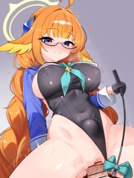 1boy 1girl :d absurdres ahoge aqua_neckerchief bar_censor black_gloves black_leotard blue-framed_eyewear blue_archive blue_eyes blue_shrug blue_sleeves blunt_bangs blush braid breasts breath censored clothed_sex clothing_aside commentary covered_erect_nipples cowgirl_position english_commentary feather_hair glasses gloves grey_background grin groin hair_intakes half_gloves halo happy_sex heart hetero highleg highleg_leotard highres holding holding_riding_crop large_breasts leotard leotard_aside long_hair long_sleeves looking_down low_twin_braids low_twintails motion_lines nabiyan neckerchief neckerchief_between_breasts nose_blush official_alternate_costume official_alternate_hairstyle open_mouth orange_hair pussy riding_crop semi-rimless_eyewear sex shimiko_(blue_archive) shimiko_(magical)_(blue_archive) shrug_(clothing) simple_background smile solo_focus stomach_bulge straddling sweat twin_braids twintails twitching vaginal variant_set very_long_hair yellow_halo