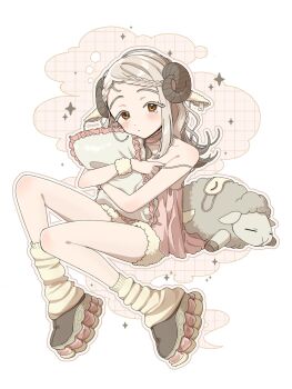 1girl animal_ears blonde_hair braid braided_bangs brown_eyes camisole colored_eyelashes commentary flipped_hair gakuen_idolmaster highres horns hugging_object idolmaster kemonomimi_mode leg_warmers long_hair looking_at_viewer outline pillow pillow_hug pink_camisole platform_shoes sheep_ears sheep_horns shinosawa_hiro shoes short_shorts shorts simple_background sks_(s3_rosquilla) sneakers solo stuffed_animal stuffed_sheep stuffed_toy symbol-only_commentary white_background