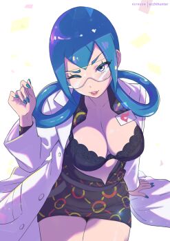 1girl absurdres alternate_breast_size_(larger) arm_support black_bra blue_hair blue_nails bra breasts coat dress eiko_(ecchihunter) eyelashes glasses hair_rings hand_up highres large_breasts long_hair long_sleeves mable_(pokemon) mixed-language_commentary nail_polish nintendo one_eye_closed open_clothes open_coat pokemon pokemon_legends:_z-a print_dress sitting solo underwear white_background