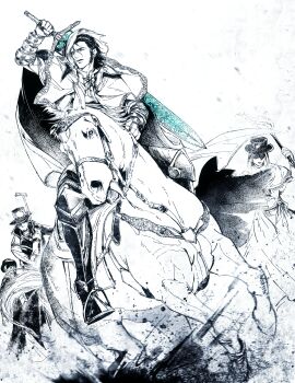 1boy absurdres armor bloodborne cane cape dirt full_body gauntlets greaves green_eyes greyscale hair_between_eyes hat_over_hood highres holding holding_sword holding_torch holding_weapon hood hood_up hooded_cape horse horseback_riding huge_weapon kalianabokalisi ludwig_the_accursed monochrome moonlight_greatsword people reins riding sabaton saddle short_hair sideburns solo_focus spot_color stirrups_(riding) sword torch weapon