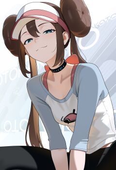 1girl absurdres artist_name black_choker black_pantyhose blue_eyes breasts bright_pupils brown_hair choker closed_mouth collarbone donut_hair_bun double_bun hair_bun highres looking_at_viewer nintendo otokakoto pantyhose pokemon pokemon_bw2 raglan_sleeves rosa_(pokemon) shirt sidelocks sitting small_breasts smile smug solo twintails visor_cap white_pupils