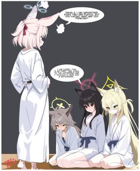 4girls absurdres ahoge angry animal_ears apologizing barefoot bathrobe black_hair blonde_hair blue_archive blue_eyes blush breasts english_text fox_ears fox_girl green_eyes grey_hair highres kneeling kurumi_(blue_archive) long_hair looking_down melissa_v2 multiple_girls niko_(blue_archive) otogi_(blue_archive) pink_hair puff_of_air red_eyes scolding seiza short_hair sitting small_breasts standing yukino_(blue_archive)