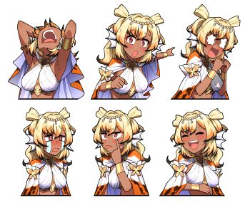 1girl :o absurdres armlet armpits bead_armlet black_hair blonde_hair breasts bright_pupils cape closed_eyes colored_tips commentary cropped_torso crying crying_with_eyes_open dark-skinned_female dark_skin ddolbang eyelashes eyelid_pull fins hair_intakes head_fins highres jewelry looking_up medium_hair midriff multicolored_hair multiple_expressions multiple_views open_mouth pointing red_eyes scared serina_maiko sidelocks smile streaming_tears sweat tears teeth tongue tongue_out transparent_background twintails upper_teeth_only v4mirai virtual_youtuber wavy_eyes wavy_mouth white_cape white_pupils