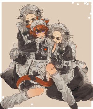 3boys ahoge alternate_costume animal_ears aotsuki_eito apron armband biting_another&#039;s_finger black_bow black_dress black_streaks blue_eyes border bow brown_background cat_boy cat_ears cat_tail chinese_commentary clone clone_harem commentary_request crossdressing crossdressing_(mtf) dress enmaided eyeshadow frilled_apron frills gakuran glasses gloves grey_hair grey_leg_warmers hand_on_another&#039;s_shoulder heart highres hole_in_chest hole_on_body juliet_sleeves kemonomimi_mode knee_up kneeling last_defense_academy_school_uniform leg_warmers long_sleeves maid maid_apron maid_headdress makeup male_focus male_maid multicolored_hair multiple_boys outside_border puffy_sleeves rabbit_boy rabbit_ears red_eyeshadow red_hair school_uniform short_hair sitting streaked_hair sumino_takumi sweat syuu_1125 tail tail_bow tail_ornament the_hundred_line_-last_defense_academy- white_apron white_armband white_border white_gloves yaoi