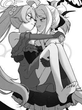 2girls absurdres ahoge anklet arms_around_neck blue_archive blush carrying closed_mouth commentary_request dress elbow_gloves eye_contact face-to-face gloves greyscale hair_bun halo highres hina_(blue_archive) hina_(dress)_(blue_archive) horns hoshino_(blue_archive) hoshino_(dress)_(blue_archive) jewelry looking_at_another manmaderain monochrome multiple_girls off-shoulder_dress off_shoulder open_mouth pendant ponytail princess_carry single_bare_foot smile standing strapless strapless_dress yuri