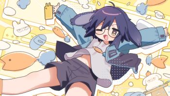 +_+ 1girl :3 ;3 ;d absurdres ahoge animal_ears aqua_jacket arms_up black-framed_eyewear black_eyes black_hair black_shorts blue_hair blue_jacket blush brown_eyes carrot_necklace cellphone dango fang feet_out_of_frame fish food fruit glasses grey_shirt grey_shorts hair_between_eyes halftone halftone_background highres jacket jewelry kagami_mochi long_sleeves looking_at_viewer lop_rabbit_ears mafuchu_v mandarin_orange medium_hair midriff midriff_peek multicolored_jacket navel necklace one_eye_closed open_clothes open_jacket open_mouth orange_socks outline outstretched_arms paddle pendant phone purple_hair rabbit rabbit_ears rectangular_eyewear round_eyewear semi-rimless_eyewear shirt short_hair short_shorts shorts shrimp sleeves_past_wrists smartphone smile socks solo spread_arms star-shaped_pupils star_(symbol) symbol-shaped_pupils t-shirt thick_eyebrows two-tone_jacket under-rim_eyewear usasaki_(vrchat) v-shaped_eyebrows vrchat wagashi white_outline white_shirt yellow_background yellow_socks