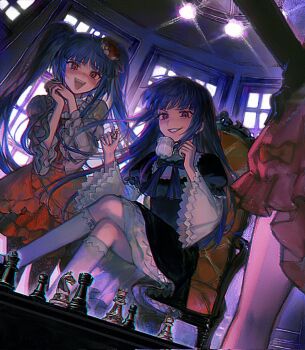 3girls bishop_(chess) black_dress black_gloves blue_bow blue_hair blue_ribbon blunt_bangs board_game bow cat_tail chair chess chess_piece chessboard choker chromatic_aberration commentary_request cup dress flower frederica_bernkastel frilled_skirt frills furudo_erika gloves hair_flower hair_ornament hand_on_own_hip hat highres holding holding_chess_piece king_(chess) kkuang kneehighs knight_(chess) lambdadelta long_hair mug multiple_girls on_chair open_mouth pantyhose pawn_(chess) pink_bow pink_dress playing_chess red_bow red_eyes ribbon rook_(chess) rose sitting skirt smile socks tail twintails umineko_no_naku_koro_ni white_socks window