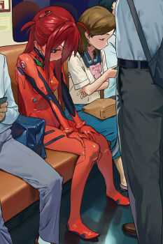 2girls 3boys blue_eyes blush bodysuit breasts commentary cosplay embarrassed english_commentary highres hipa_(some1else45) interface_headset_(evangelion) long_hair looking_down mecha_pilot_suit multicolored_bodysuit multiple_boys multiple_girls original plugsuit_(evangelion) red_bodysuit red_hair sitting small_breasts solo_focus some1else45 souryuu_asuka_langley souryuu_asuka_langley_(cosplay) train train_interior