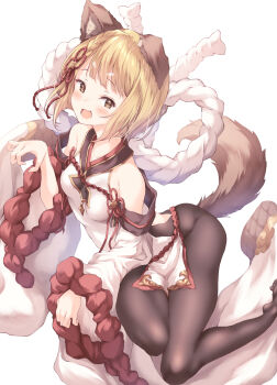 Rule 34 | 1girl, :d, absurdres, animal ear fluff, animal ears, bare shoulders, black pantyhose, blonde hair, blush, bodystocking, braid, breasts, brown eyes, claw pose, detached sleeves, dog ears, dog girl, dog tail, full body, granblue fantasy, hair ornament, highres, long sleeves, looking at viewer, no shoes, open mouth, pantyhose, pelvic curtain, rope, shimenawa, short hair, simple background, small breasts, smile, solo, tail, thighs, twisted torso, ukiwakisen, vajra (granblue fantasy), white background, white sleeves, wide sleeves
