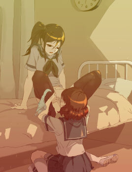 2girls absurdres arm_support arms_behind_back bed black_hair breasts brown_hair clock cunnilingus curtains dowbleearth female_pubic_hair glasses hibike!_euphonium highres indoors infirmary long_hair looking_at_another medium_breasts multiple_girls navel neckerchief on_bed on_floor open_mouth oral oumae_kumiko panties panties_around_leg pillow pleated_skirt ponytail pubic_hair room sailor_collar school_infirmary school_uniform serafuku shoes short_hair side_ponytail sitting skirt small_breasts socks spread_legs tanaka_asuka thighhighs thighs uncensored underwear uwabaki wall_clock wariza white_panties yuri