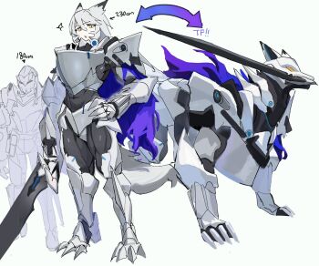 animal_ears armor before_and_after hassuyu_ni height highres mouth_hold muscular muscular_female non-humanoid_robot original robot sword sword_in_mouth transformation weapon yellow_eyes