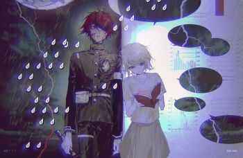 aged_down armband belt blood blood_on_face book gakuran highres holding holding_book hole_in_chest hole_on_body kirifuji_nozomi last_defense_academy_school_uniform lightning mint1618680 rain school_uniform short_hair split_theme spoilers the_hundred_line_-last_defense_academy- water_drop white_armband