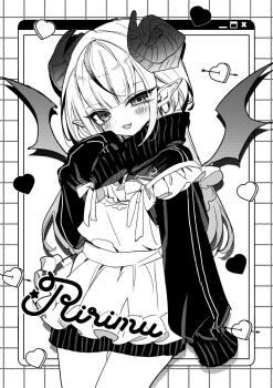 1girl akiyama_enma apron character_name cowboy_shot demon_girl demon_horns demon_wings fang greyscale grid_background heart highres horns jacket long_hair looking_at_viewer maid_apron makaino_ririmu monochrome nijisanji pointy_ears sleeves_past_fingers sleeves_past_wrists smile solo track_jacket uneven_eyes virtual_youtuber wings