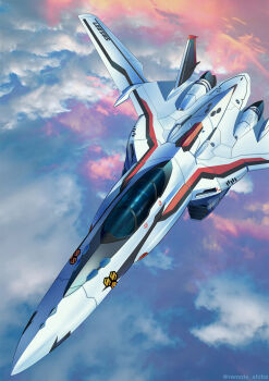 1boy aircraft airplane cloud commentary_request fighter_jet flying helmet highres macross macross_frontier mecha military military_vehicle pilot pilot_suit realistic remote_shiba robot s.m.s. saotome_alto science_fiction signature spacesuit variable_fighter vehicle_focus vf-25 when_you_see_it
