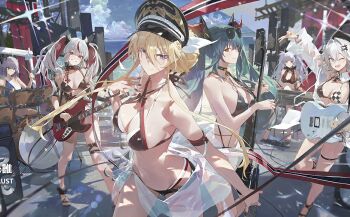 6+girls azur_lane beach bikini bismarck_(azur_lane) bismarck_zwei_(azur_lane) black_bikini black_nails black_shorts blonde_hair blue_eyes blunt_bangs breasts character_request choker closed_mouth cloud cloudy_sky cross cross_necklace detached_collar drum drumsticks electric_guitar facing_to_the_side facing_viewer fingernails green_hair guitar hair_between_eyes hair_bun hat highres holding holding_drumsticks holding_instrument holding_microphone horns houston_(azur_lane) houston_ii_(azur_lane) instrument jade_(azur_lane) jewelry keyboard_(instrument) large_breasts long_hair looking_at_viewer medium_hair microphone military_hat modare multicolored_hair multiple_girls necklace official_art one_eye_closed otto_von_alvensleben_(azur_lane) outdoors purple_hair red_eyes red_hair red_nails regensburg_(azur_lane) short_shorts shorts sitting sky small_breasts smile speaker standing standing_on_one_leg sunglasses swimsuit thigh_strap third-party_source toeless_footwear twintails u-556_(meta)_(azur_lane) v white_hair yamaha_pacifica yellow_eyes