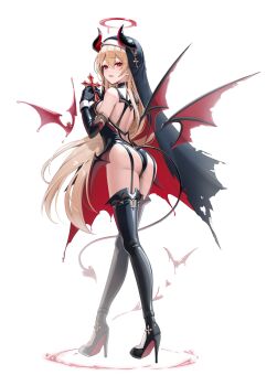 1girl ass backless_leotard bat_(animal) black_boots black_gloves black_leotard blood blood_halo boots brown_hair commentary cross demon_girl demon_horns demon_tail demon_wings elbow_gloves fang full_body garter_straps gloves habit halo high_heel_boots high_heels highres holding holding_cross horns kira_(kira78718520) leotard liquid_halo long_hair low_wings lucy_(kira78718520) nun original red_eyes skin_fang solo sweatdrop symbol-only_commentary tail wavy_mouth white_background wings