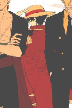 Rule 34 | 3boys, back, black hair, black suit, blonde hair, cigarette, coat, crossed arms, earrings, facial hair, formal clothes, goatee, hand in pocket, haramaki, hat, highres, holding, holding cigarette, jewelry, jolly roger, male focus, monkey d. luffy, multiple boys, mustache, one piece, red coat, red sash, roronoa zoro, sanji (one piece), sash, scar, scar on face, shirt, short hair, si44ss, smoke, straw hat, straw hats jolly roger, suit, yellow shirt