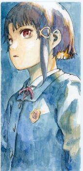 Rule 34 | 1girl, abe yoshitoshi, blazer, brown hair, commentary request, highres, iwakura lain, jacket, looking at viewer, painting (medium), parted lips, red eyes, school uniform, serial experiments lain, short hair, solo, traditional media, upper body, watercolor (medium)