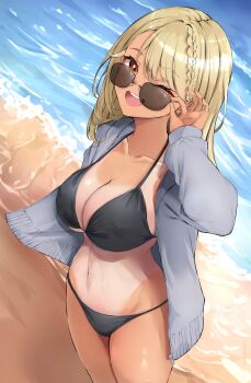 Rule 34 | 1girl, absurdres, adjusting eyewear, beach, bikini, black bikini, blonde hair, braid, breasts, cleavage, collarbone, commentary request, cowboy shot, fang, grey hoodie, highres, hood, hoodie, kaminari qpi, kuwakuma, medium breasts, medium hair, navel, one eye closed, open mouth, outdoors, red eyes, single braid, solo, standing, sunglasses, swept bangs, swimsuit, tan, tanline, tanline peek, variant set, virtual youtuber, vspo!