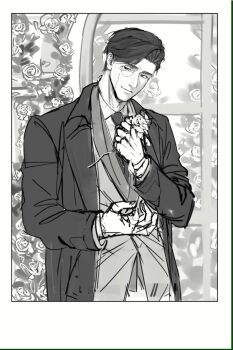 Rule 34 | 1boy, avery (degrees of lewdity), avery (male) (degrees of lewdity), coat, collared shirt, commentary request, degrees of lewdity, flower, greyscale, highres, long coat, looking at viewer, monochrome, monocle, necktie, open clothes, open coat, shirt, short hair, solo, yao1575837