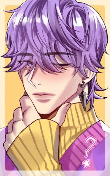 1boy ? aegyo_sal bad_id bad_twitter_id blush closed_mouth earrings hair_between_eyes jewelry kpop_demon_hunters male_focus mystery_(kpop_demon_hunters) one_eye_closed purple_eyes purple_hair purple_sweater rerereri1353 short_hair simple_background solo striped_clothes sweater turtleneck vertical-striped_clothes yellow_background