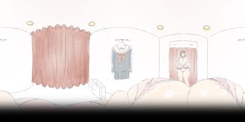 1girl 360_panorama bag bra breasts brown_hair changing_room character_request cleavage copyright_request female_pov gigantic_breasts highres huge_breasts indoors kumako_(kumakonoh) mirror panorama pov school_uniform shopping_bag sidelocks solo tagme thick_thighs thighs underwear