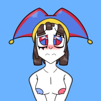 blue_background blue_eyes breasts brown_hair drowsy highres medium_breasts pomni_(the_amazing_digital_circus) red_eyes