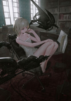 1girl absurdres bare_legs bare_shoulders barefoot blue_eyes book book_stack bookshelf camisole chair commentary_request desk frilled_camisole frills full_body grey_hair highres indoors machine original reading reoen science_fiction short_hair sitting strap_slip window