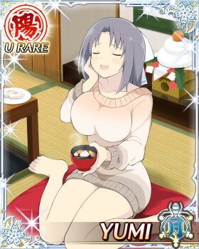 1girl :d barefoot border bow bowl breasts card_(medium) character_name closed_eyes food game_cg grey_hair hair_bow hand_on_own_face holding holding_bowl indoors large_breasts medium_hair mochi new_year official_art open_mouth satisfied senran_kagura senran_kagura_new_wave sitting sitting_on_pillow smile solo soup striped_bow sweater tatami third-party_source wariza white_bow white_sweater yumi_(senran_kagura)