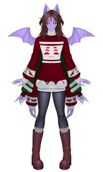 Rule 34 | absurdres, animal ears, animal print, bat boy, bat ears, bat print, boots, brown boots, brown hair, colored sclera, colored skin, dante will, dante will (bat), dante will (christmas), extra arms, extra eyes, fingernails, highres, kiranni1, knife print, long hair, long sleeves, neobaka, ohwasuy, purple skin, red sclera, red sweater, sharp fingernails, smile, socks, spider print, sweater, wings