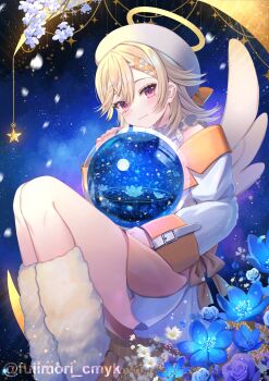 Rule 34 | 1girl, blonde hair, blue flower, blush, closed mouth, commentary, english commentary, facial mark, flower, fujimori shiki, hair tie, halo, hat, highres, komori met, komori met (7th costume), leg warmers, looking at viewer, medium hair, purple eyes, solo, twitter username, virtual youtuber, vspo!, white hat, white leg warmers, wings