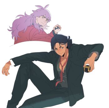 2boys black_jacket black_pants ch_walnut closed_mouth commentary hand_up highres holding holding_poke_ball jacket leon_(pokemon) long_hair long_sleeves male_focus multiple_boys necktie nintendo open_clothes open_jacket pants poke_ball pokemon pokemon_swsh purple_hair raihan_(pokemon) red_jacket shirt smile ultra_ball yellow_eyes