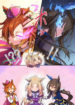 ! !! !? 3girls :o admire_vega_(starry_nocturne)_(umamusume) admire_vega_(umamusume) animal_ears armor asymmetrical_gloves black_gloves black_hair blonde_hair blue_dress bow bowtie close-up closed_mouth crown dress ear_covers flaming_eye gloves gold_armor gold_ring hair_between_eyes highres horse_ears horse_girl horse_tail jewelry long_hair looking_at_viewer mini_crown mismatched_gloves multiple_girls multiple_rings narita_top_road_(the_proud_road)_(umamusume) narita_top_road_(umamusume) necktie open_mouth orange_eyes orange_hair ponytail purple_dress purple_eyes ring short_hair single_ear_cover starheart t.m._opera_o_(o_sole_suo!)_(umamusume) t.m._opera_o_(umamusume) tail trembling umamusume umamusume:_road_to_the_top white_gloves