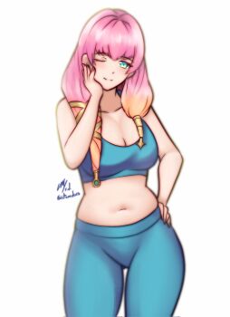 1girl alternate_costume artist_name blonde_hair breasts cleavage commission fire_emblem fire_emblem_heroes gunnthra_(fire_emblem) hair_over_shoulder hand_on_own_cheek hand_on_own_face hand_on_own_hip highres long_hair looking_at_viewer medium_breasts navel nintendo one_eye_closed pants pink_hair rotomdocs smile solo sports_bra sportswear sweatpants white_background