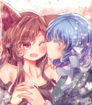 Rule 34 | 2girls, :o, animal ears, black trim, blue hair, blush, brown hair, closed eyes, collarbone, commentary request, dress, drill hair, fang, fingernails, fins, floral background, frilled kimono, frills, from side, green kimono, head fins, highres, imaizumi kagerou, interlocked fingers, japanese clothes, kemo chiharu, kimono, kiss, kissing cheek, layered kimono, light particles, long fingernails, long hair, mermaid, monster girl, multiple girls, off-shoulder dress, off shoulder, one eye closed, open mouth, pink background, red eyes, red nails, short hair, surprise kiss, surprised, swept bangs, touhou, upper body, wakasagihime, white background, white dress, wolf ears, wolf girl, yuri