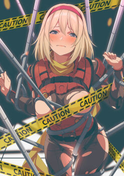 009_re:cyborg 1girl bdsm blonde_hair blue_eyes blush bodysuit bondage bound breasts caution_tape censored censored_nipples closed_mouth commission convenient_censoring cyborg cyborg_009 francoise_arnoul hairband lips long_hair looking_at_viewer pants qwel_08 red_bodysuit scarf skeb_commission solo torn_clothes torn_pants yellow_scarf