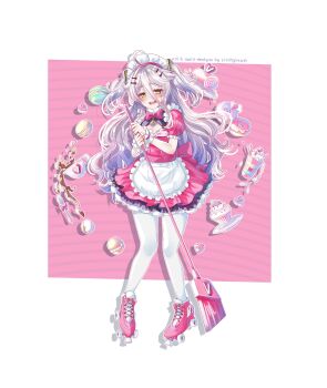 1girl apron artist_name blush bow bowtie broom cleavage_cutout clothing_cutout cup cupcake dress food grey_hair hair_between_eyes hair_ornament heart henya_the_genius highres holding holding_broom inline_skates long_hair macaron maid_headdress milkshake name_tag open_mouth pantyhose pink_bow pink_bowtie pink_dress roller_skates skates solo srinitybeast sweat teacup virtual_youtuber vshojo waist_apron white_apron white_pantyhose yellow_eyes