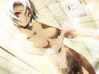 1girl baldr_sky baldr_sky_zero breasts censored dutch_angle female_focus game_cg giga kikuchi_seiji looking_at_viewer navel nipples nude pussy red_eyes shizel_steinbrecher shower smile solo steam water white_hair