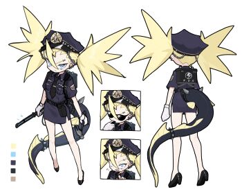 1girl absurdres ahoge battery black_necktie black_shoes blue_eyes bright_pupils closed_mouth collared_shirt color_guide commentary_request ear_piercing eyebrow_piercing face_piercing flat_chest flying_sweatdrops from_behind gloves hammer hat high_heels highres looking_at_viewer miniskirt multiple_views necktie original pencil_skirt piercing police police_hat police_uniform policewoman shirt shoes short_shinai short_sleeves side_slit simple_background skirt spiked_hair stun_baton sunglasses sweat tail twintails v-shaped_eyebrows white_background white_gloves white_pupils zizi_niisan