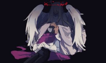 1girl 1other 8zk3p7olhmbfbvt angel angel_wings blonde_hair blue_skin cape colored_skin commentary covered_eyes deltarune halo hashtag-only_commentary highres kris_(dark_world)_(deltarune) kris_(deltarune) long_hair lying_on_another noelle_holiday noelle_holiday_(dark_world) pink_cape red_halo robe utdr_(toby_fox) white_robe white_wings wings