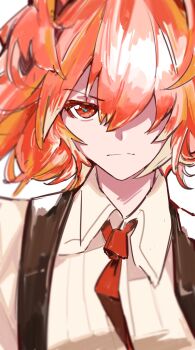 1girl arknights chiriejjiyo fiammetta_(arknights) hair_over_one_eye highres looking_at_viewer necktie one_eye_covered red_eyes red_hair red_necktie shirt short_hair simple_background solo suspenders upper_body v-shaped_eyebrows white_background white_shirt